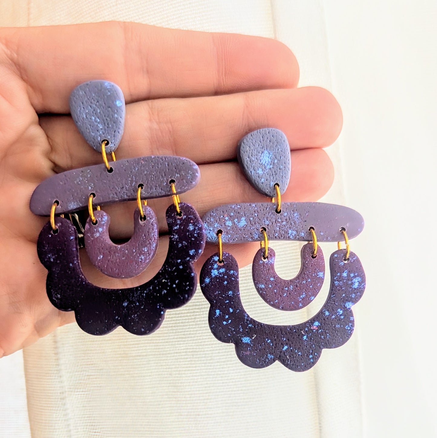 Bright silver or ombre purple boho statement earrings / dressy earrings / Lightweight Polymer earrings