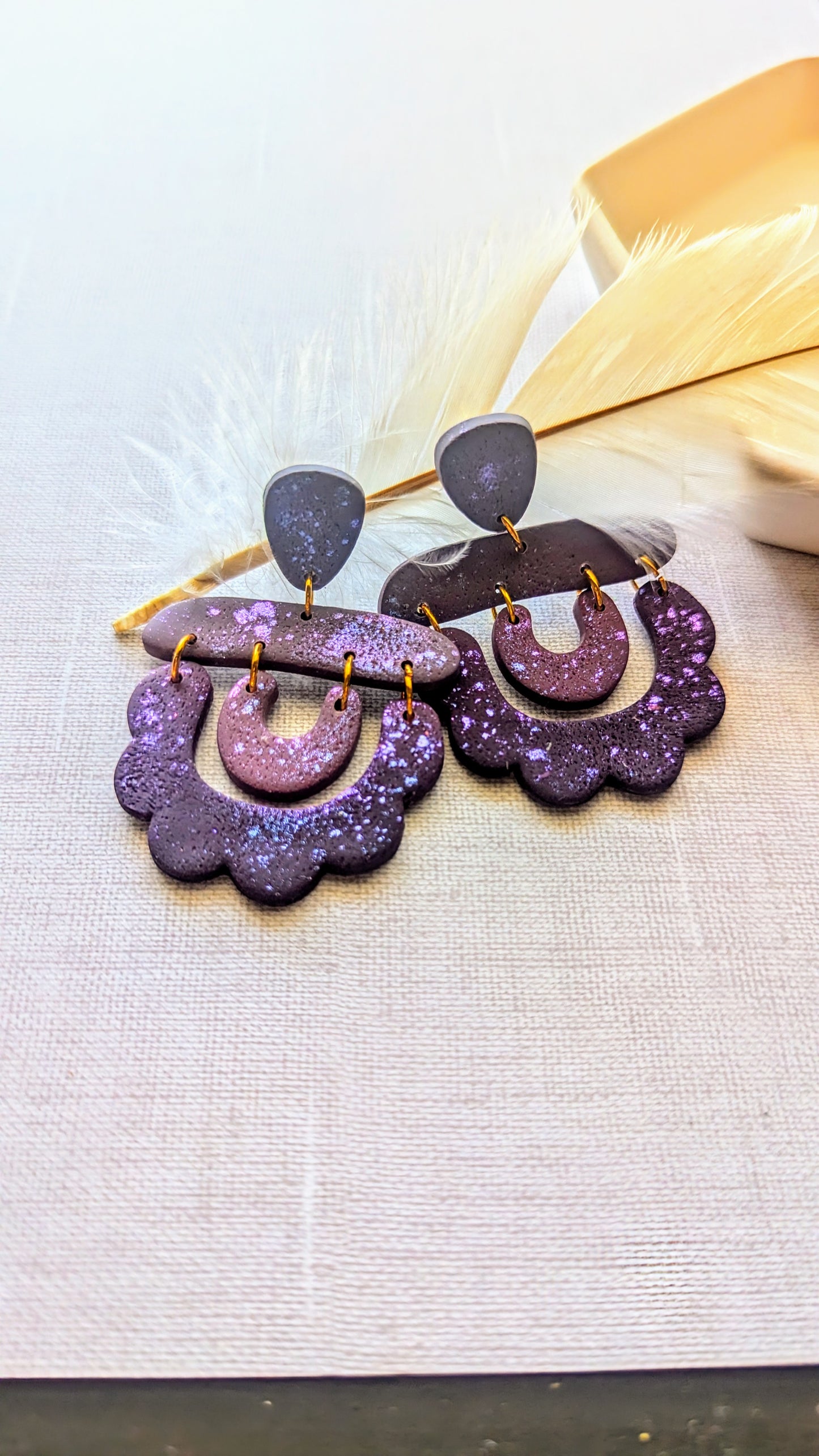 Bright silver or ombre purple boho statement earrings / dressy earrings / Lightweight Polymer earrings