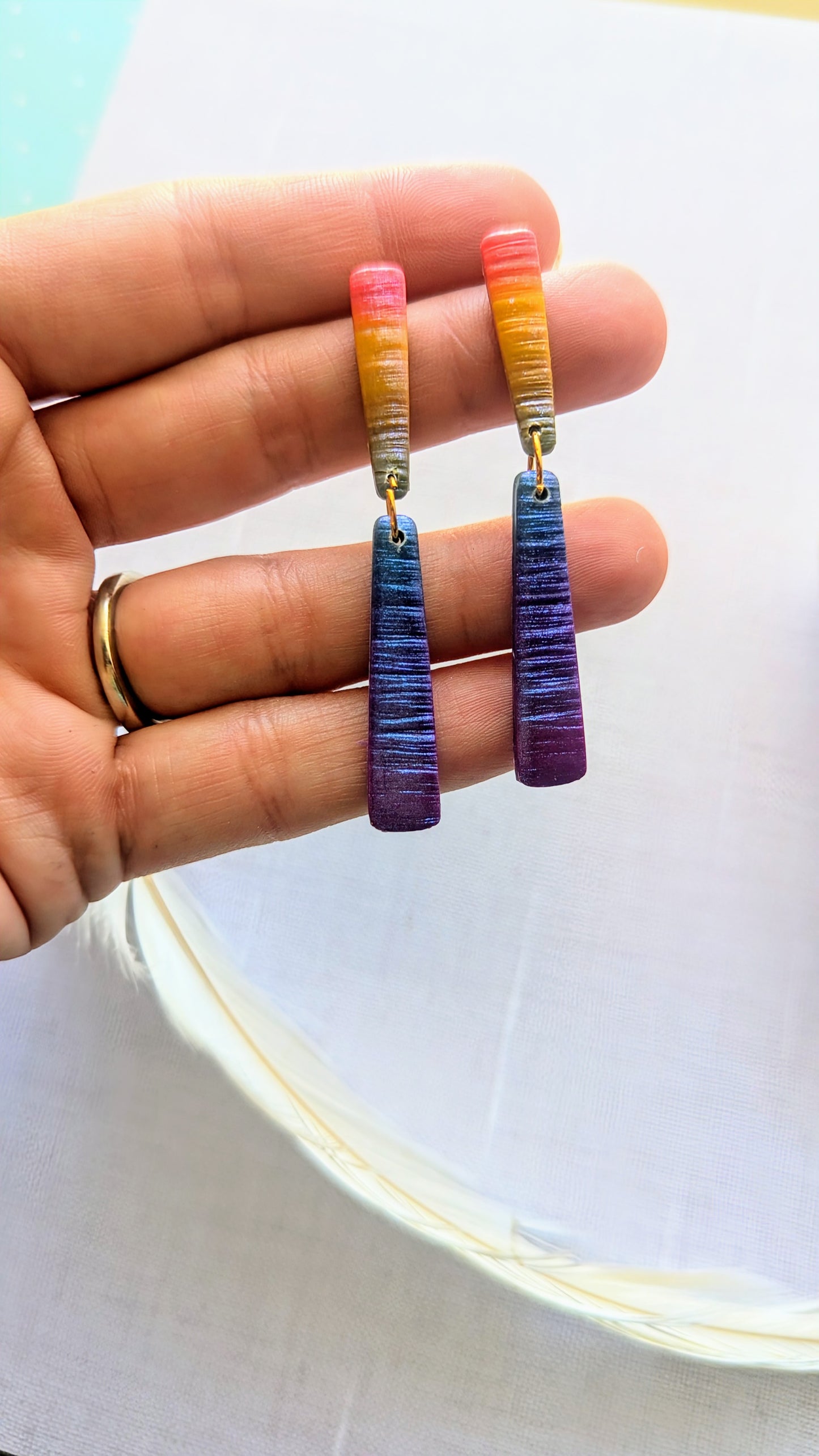 Long skinny dangles / silver / rainbow / elegant / dressy earrings / Lightweight Polymer