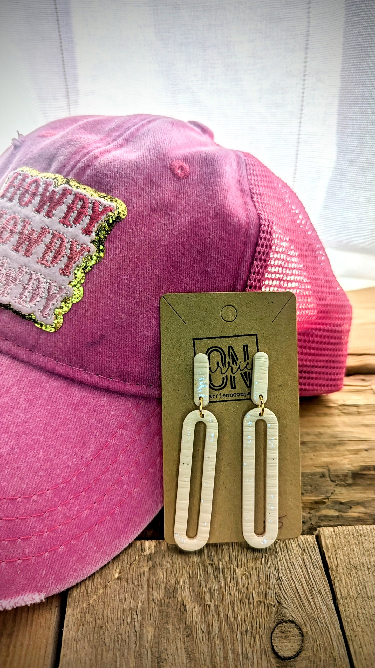 Set: Pink distressed mesh back howdy hat and pink shimmery skinny dangle earrings