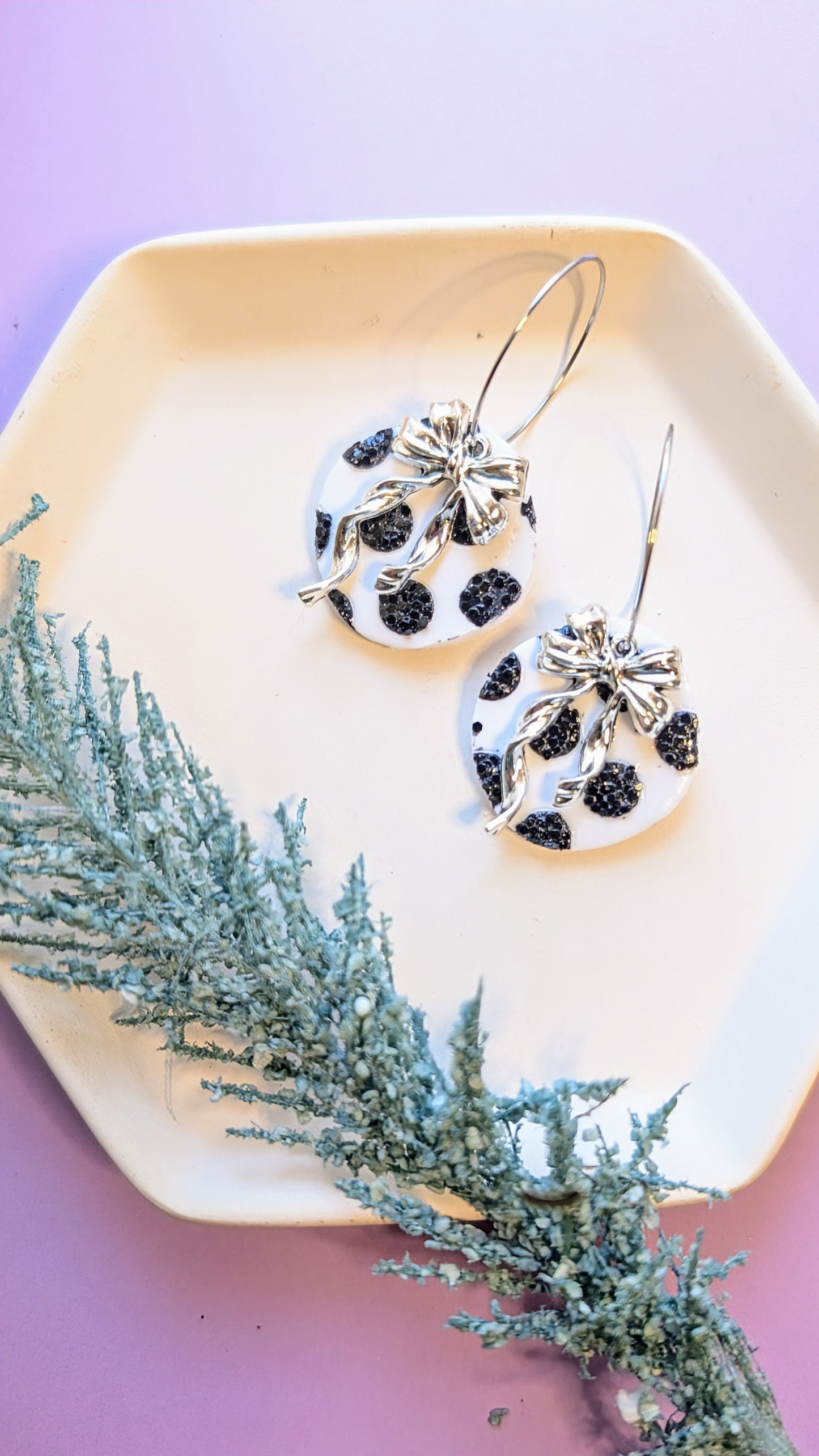 Bow polymer clay statement dangle hoop earrings