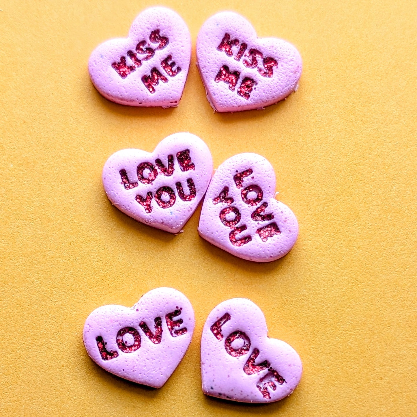 Conversation Heart Studs / Valentine's earrings / love you hearts / hypoallergenic stainless steel posts / resin earrings / gifts under 10