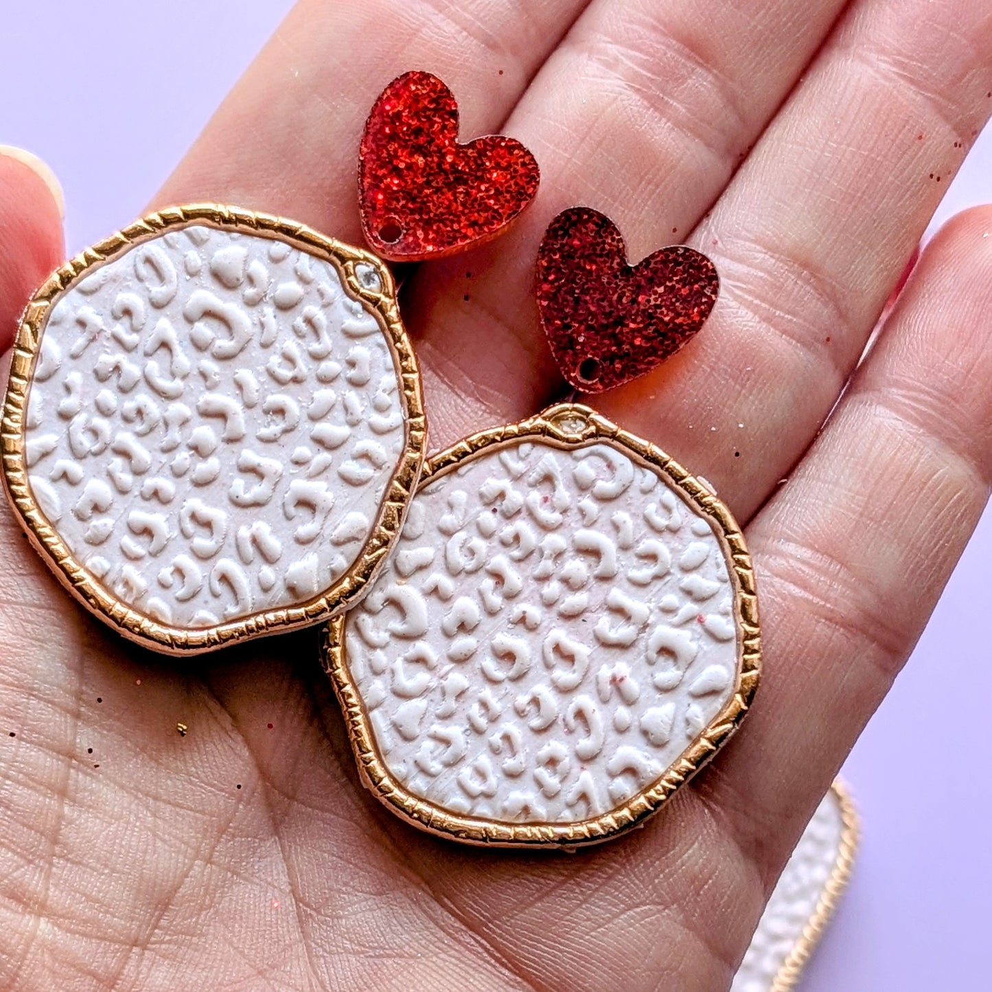 Red Glitter Heart and Leopard Earrings/ Valentine's earrings / hypoallergenic stainless steel posts / resin earrings
