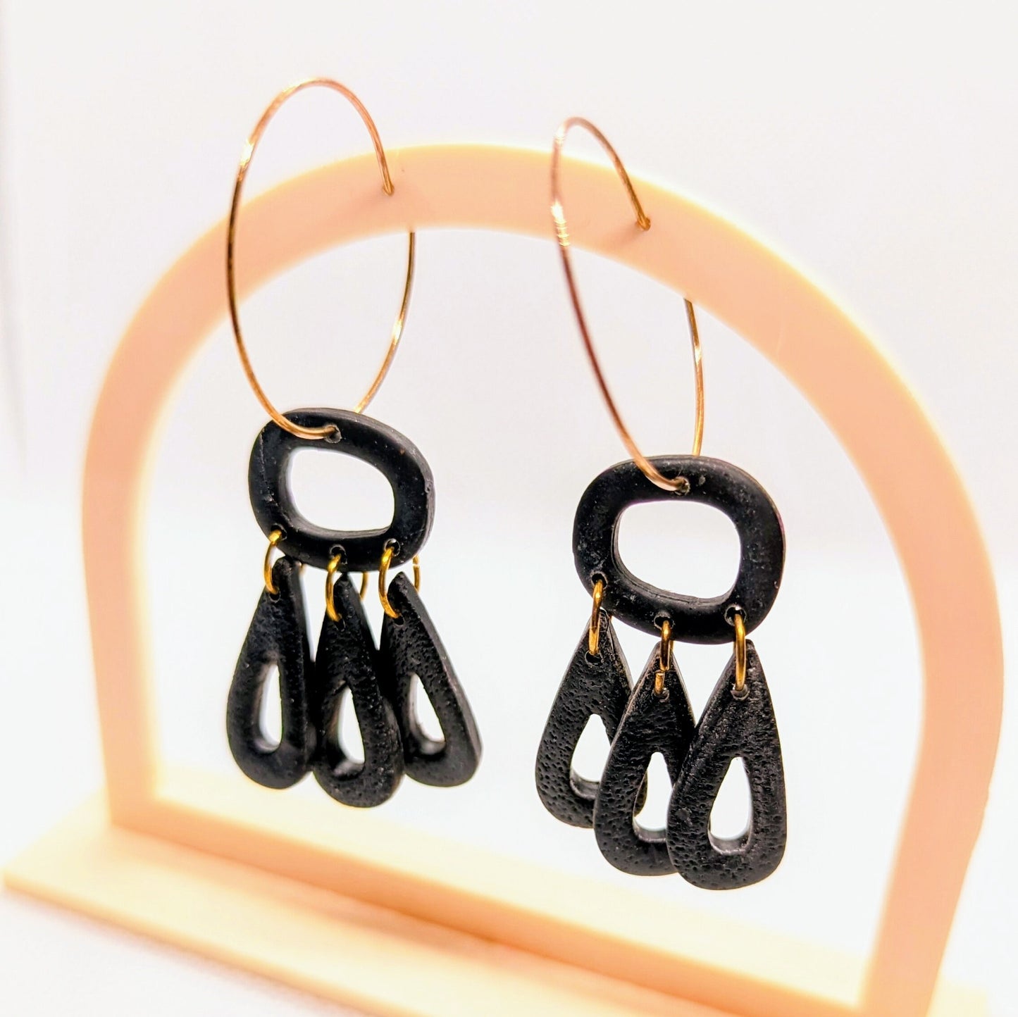 Black Hoop Donut Dangles / Statement / Solid Black / Lightweight Polymer earrings / Donut Earrings