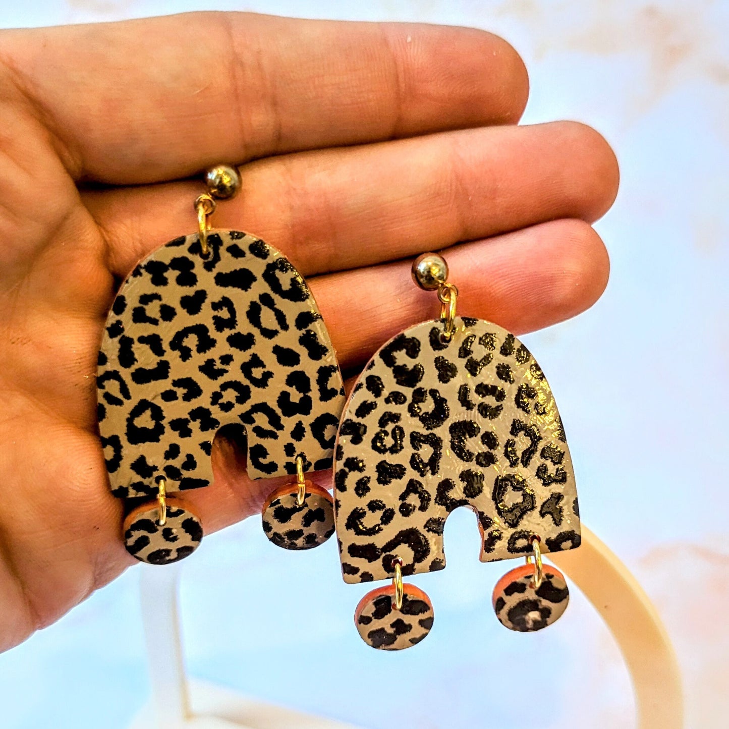 Leopard Print organic arch dangle earrings / Fall Accessories / leopard print and orange/ Polymer Clay / handpainted / orange color pop