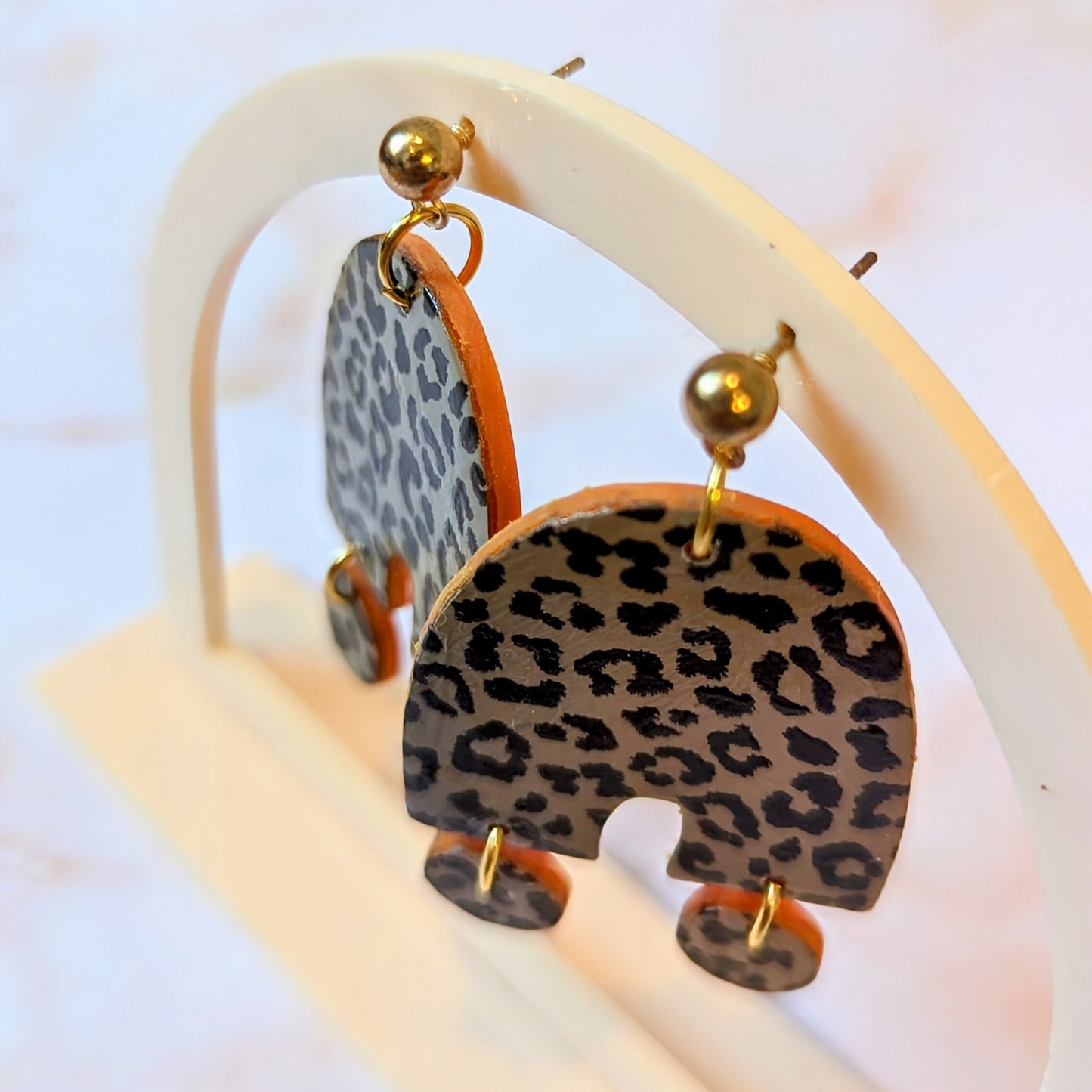 Leopard Print organic arch dangle earrings / Fall Accessories / leopard print and orange/ Polymer Clay / handpainted / orange color pop