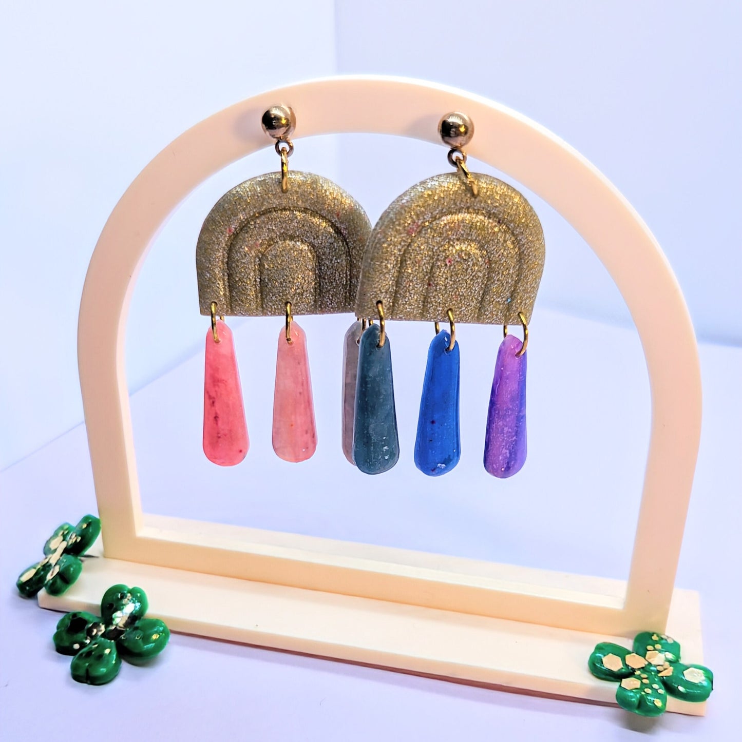 Gold Glitter Rainbows with rainbow translucent Dangles / Colorful Statement Earrings / boho style / Lightweight earrings / St Patty's Day