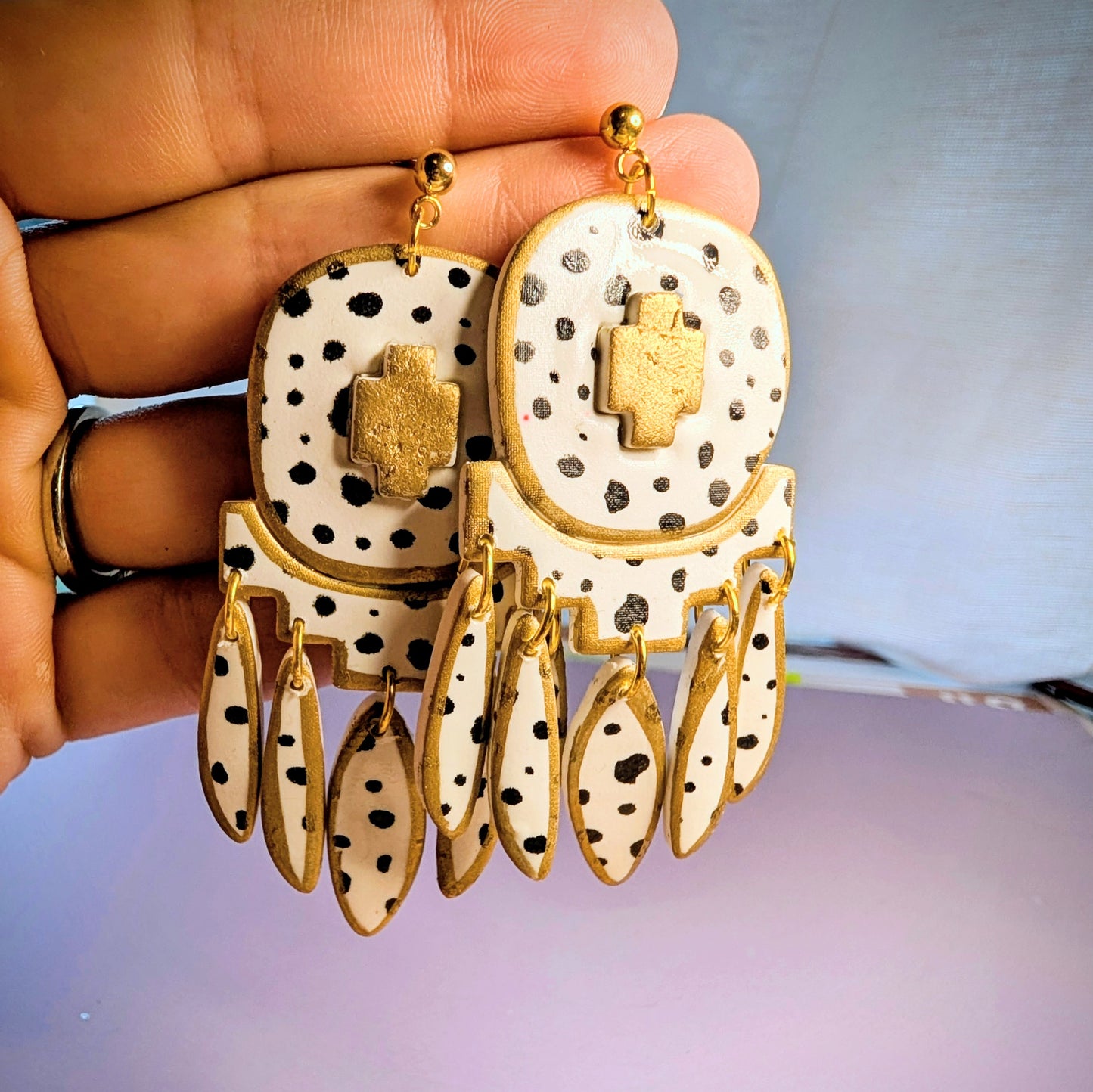 Black and white dot statement earrings