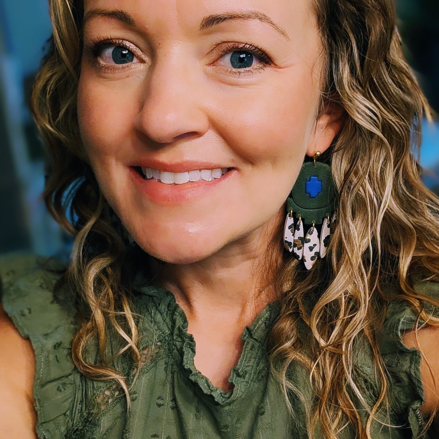 Army Green and Blue leopard earrings