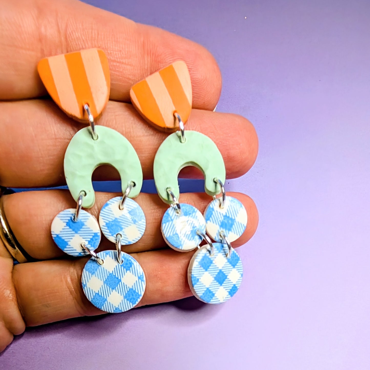 Orange, mint, and light blue mixed pattern pastel dangle earrings