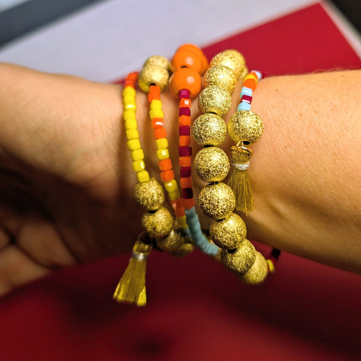 Gold, Apricot, Sky Blue, Yellow,& Crimson Wrap Bracelet
