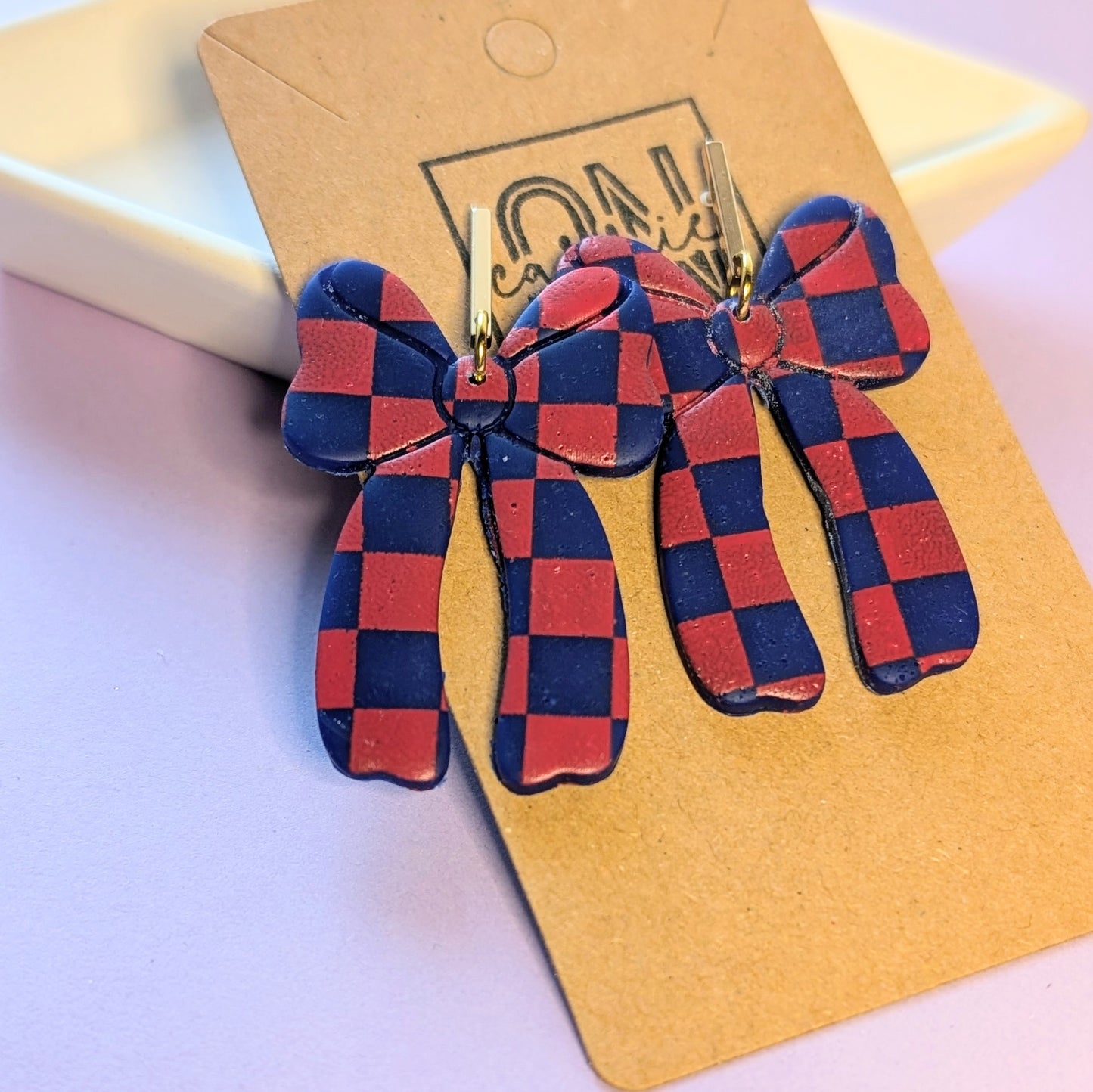 Checkered Bow Dangle Earrings - custom colors on request