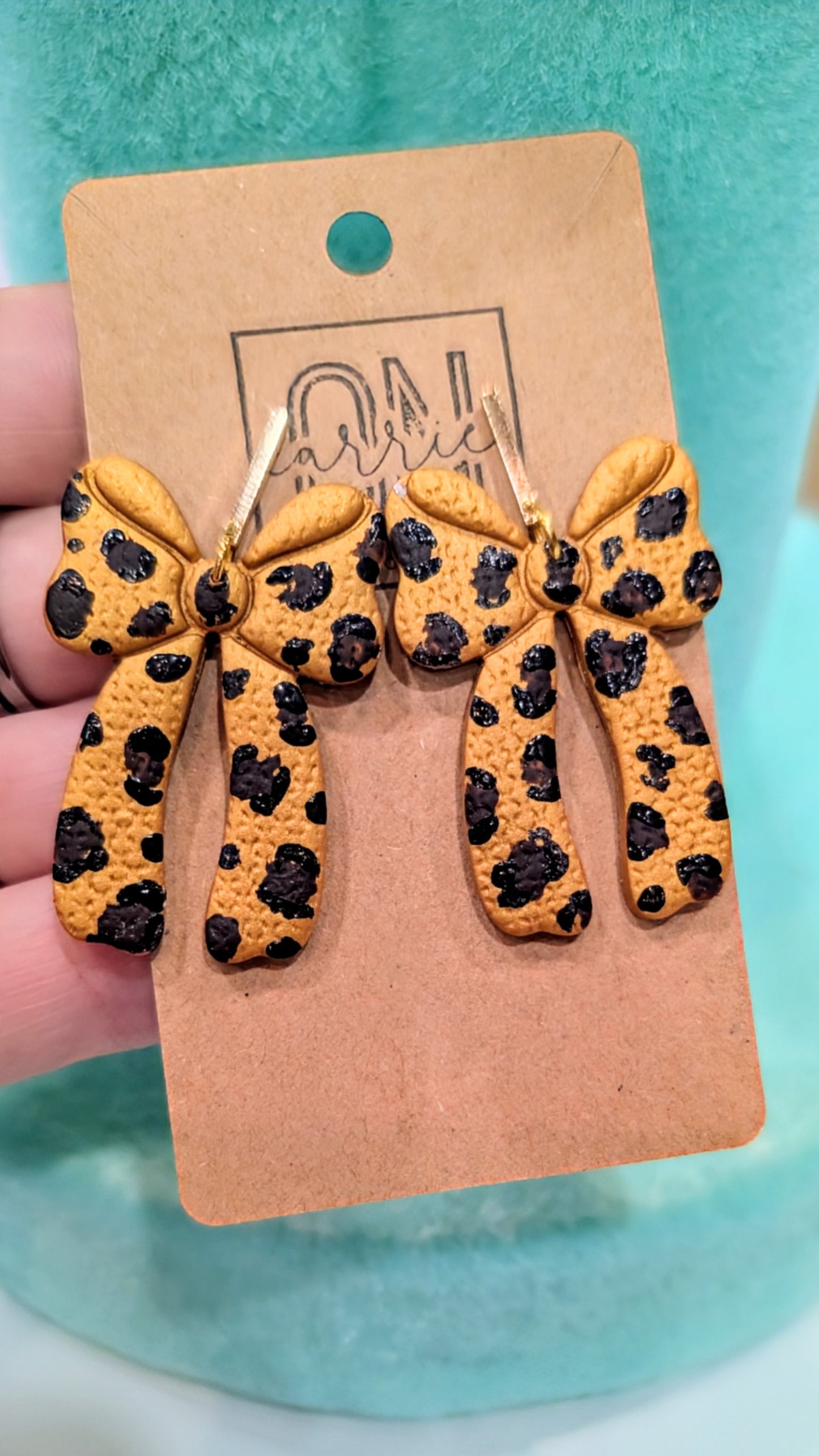 Hand painted Leopard bows polymer clay statement dangle earrings