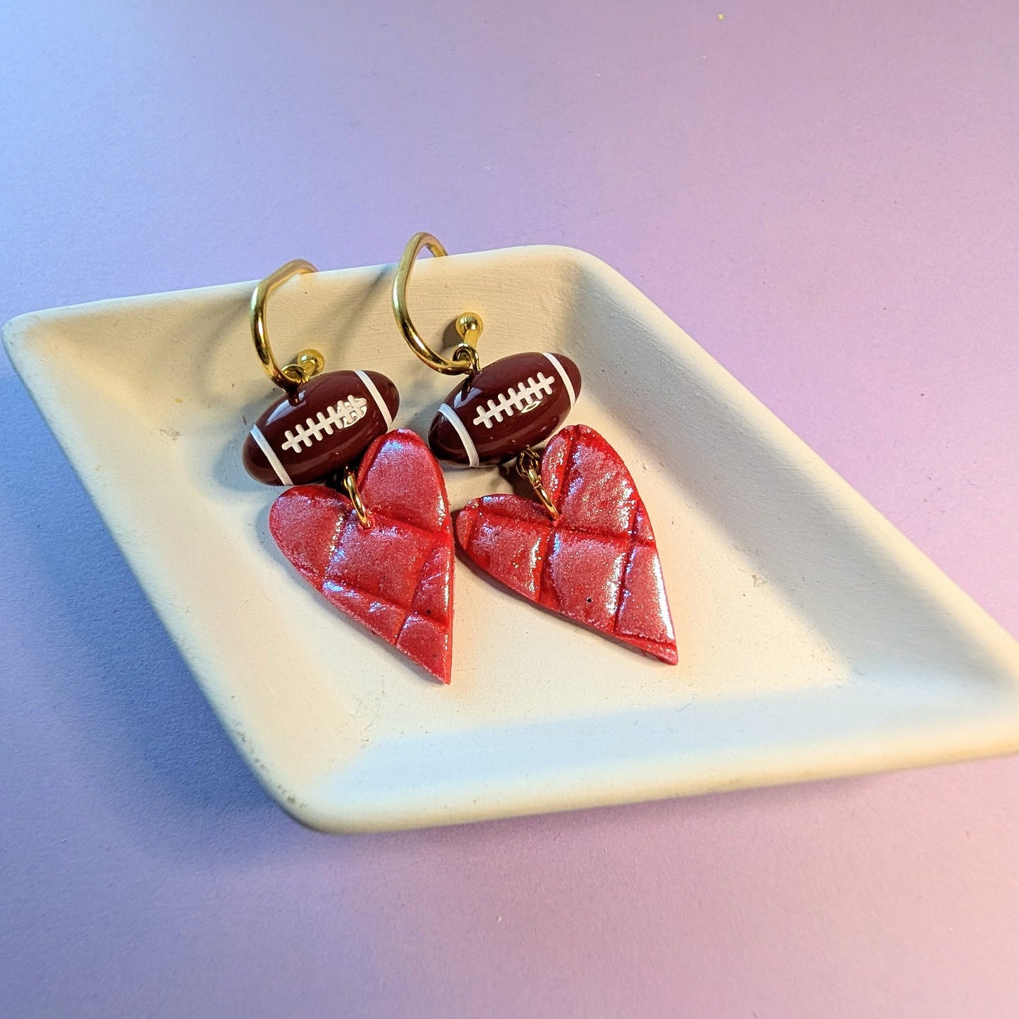 Red Heart Football Dangle Earrings