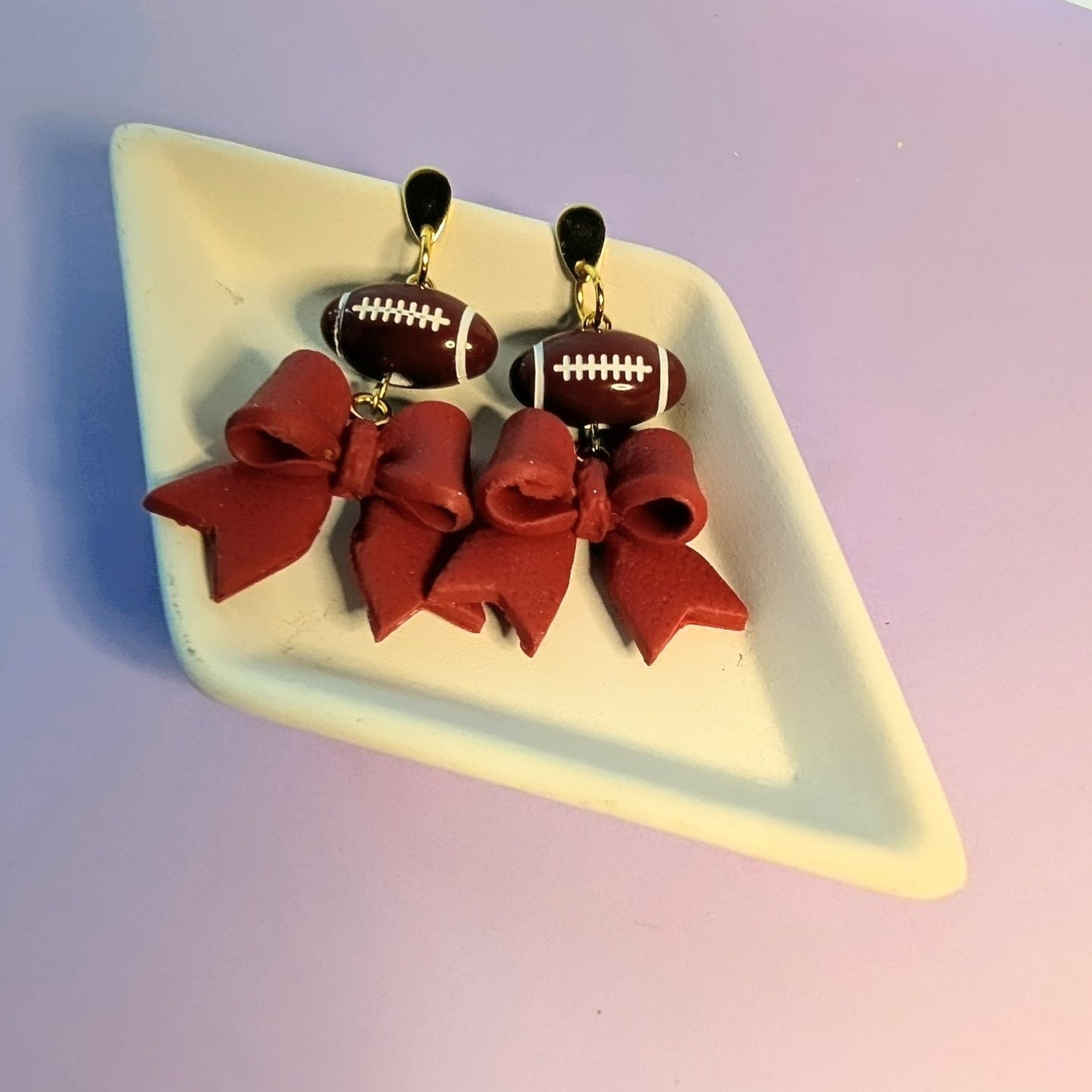 Red Bow Football Dangle Earrings