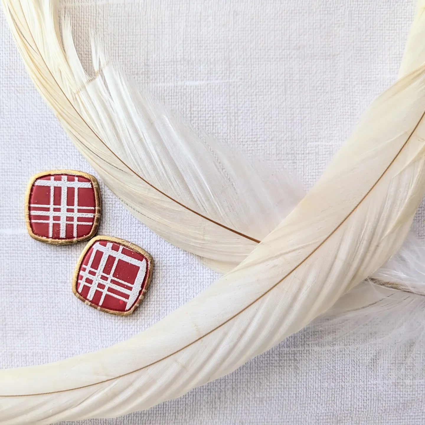 Crimson Plaid Studs with gold outline / OU Sooners/ Boho / Lightweight Polymer earrings / Fall accessories / crimson and white earrings