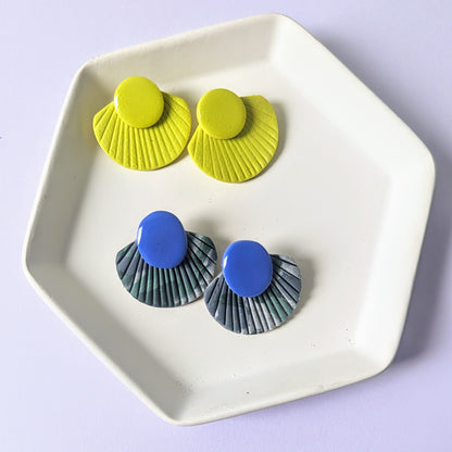 Fan studs / camo statement studs / Bright yellow / lightweight earrings