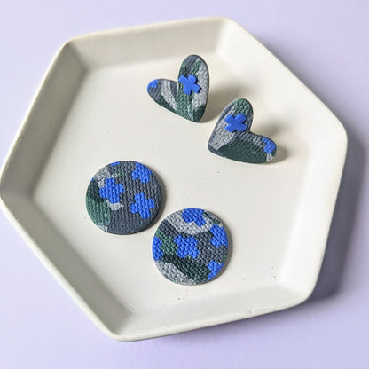 Positively royal statement studs / camo statement studs / Blue and camo / lightweight earrings