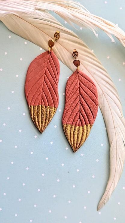 Burnt Orange and Gold Dipped polymer clay feather earrings / Texas GameDay / Preppy / Lightweight Polymer earrings / Fall accessories / orange and gold accessories / GameDay style