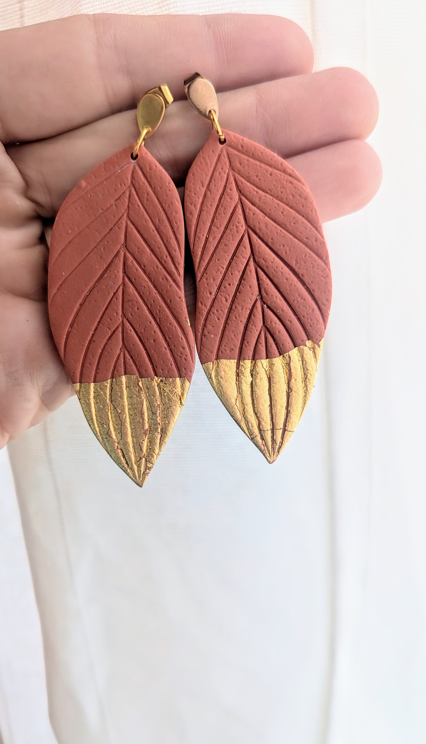 Burnt Orange and Gold Dipped polymer clay feather earrings / Texas GameDay / Preppy / Lightweight Polymer earrings / Fall accessories / orange and gold accessories / GameDay style