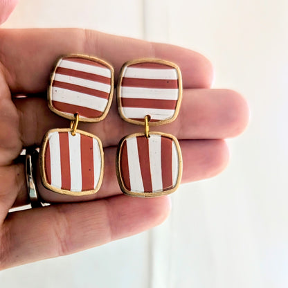 Burnt Orange and White Striped Dangles or Studs/Texas GameDay/Preppy/Polymer earrings