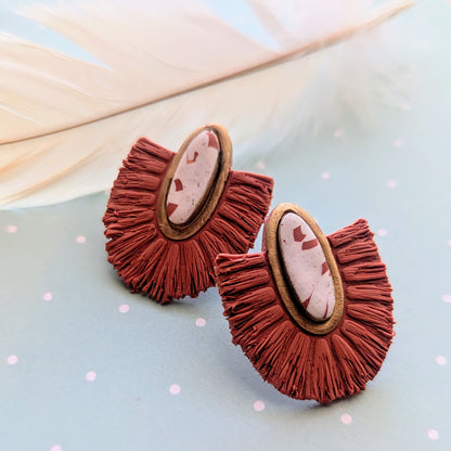 Burnt Orange and a White Boho Macrame style polymer clay Statement Stud earrings / Texas GameDay / Preppy / Lightweight Polymer earrings / Fall accessories / orange and white accessories / GameDay style