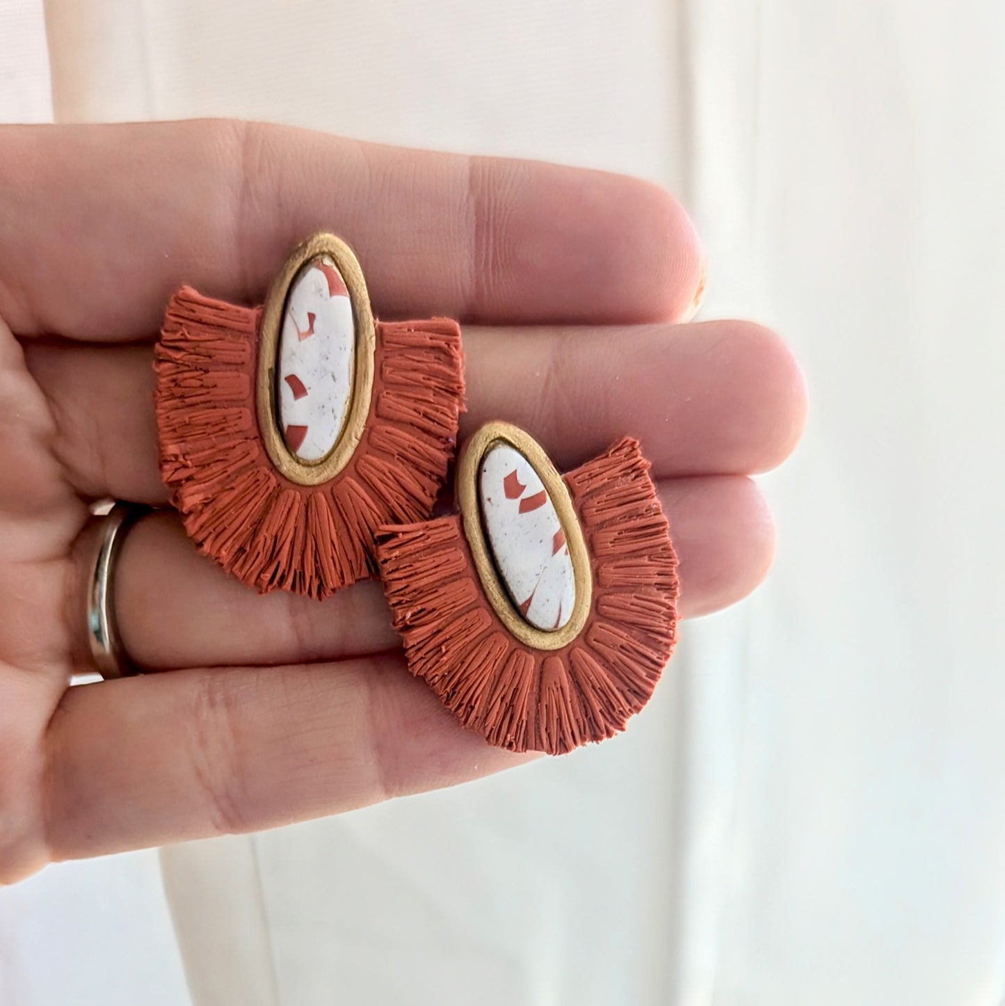 Burnt Orange and a White Boho Macrame style polymer clay Statement Stud earrings / Texas GameDay / Preppy / Lightweight Polymer earrings / Fall accessories / orange and white accessories / GameDay style