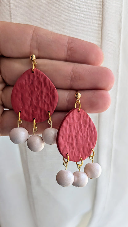 Crimson Dangles with shimmery ivory drops/ OU Sooners/ Boho / Lightweight Polymer earrings / Fall accessories / crimson and white earrings