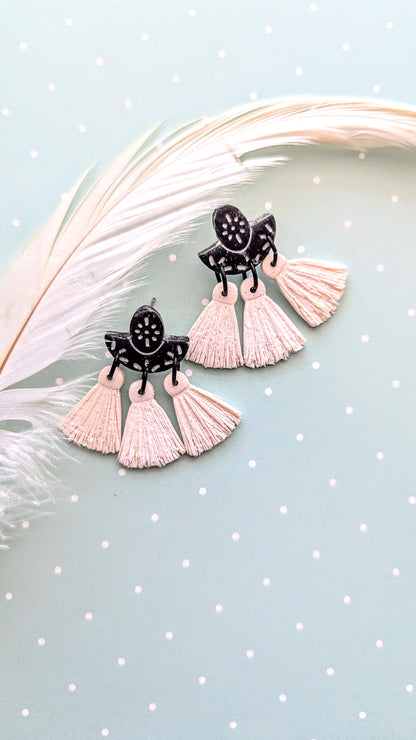 Black 'Ceramic' Azulejo-style polymer clay dangles with tassels