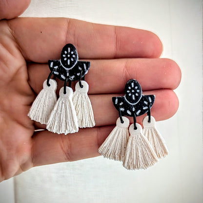 Black 'Ceramic' Azulejo-style polymer clay dangles with tassels