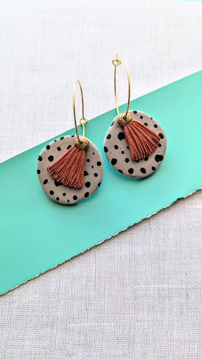 Leopard Spot with Burnt Orange or Red Tassel Earrings