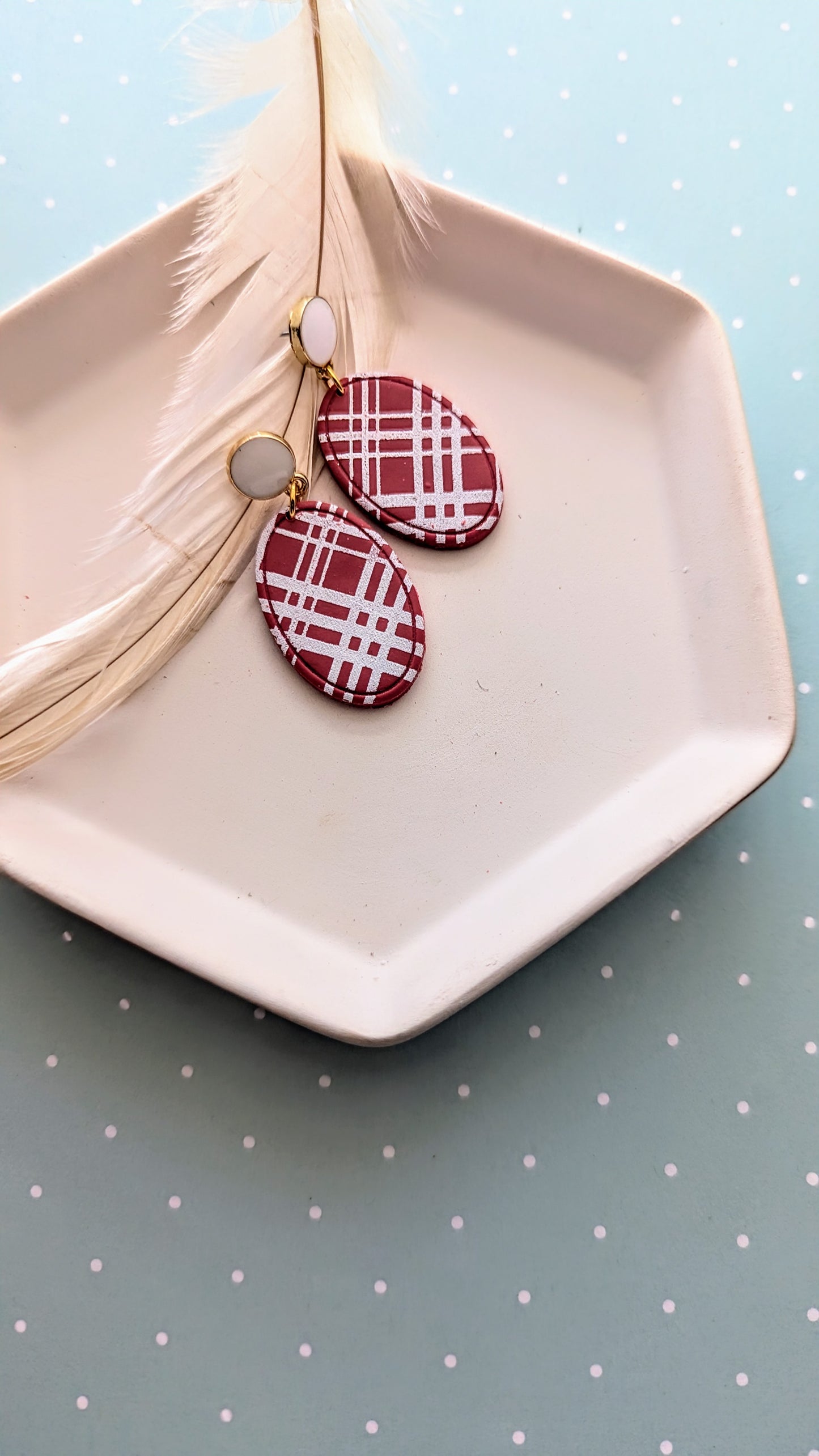 Crimson Plaid Dangles / OU Sooners/ Boho / Lightweight Polymer earrings / Fall accessories / crimson and white earrings