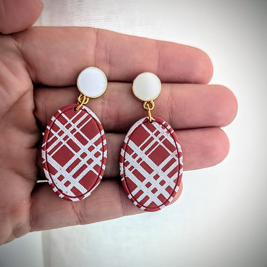 Crimson Plaid Dangles / OU Sooners/ Boho / Lightweight Polymer earrings / Fall accessories / crimson and white earrings