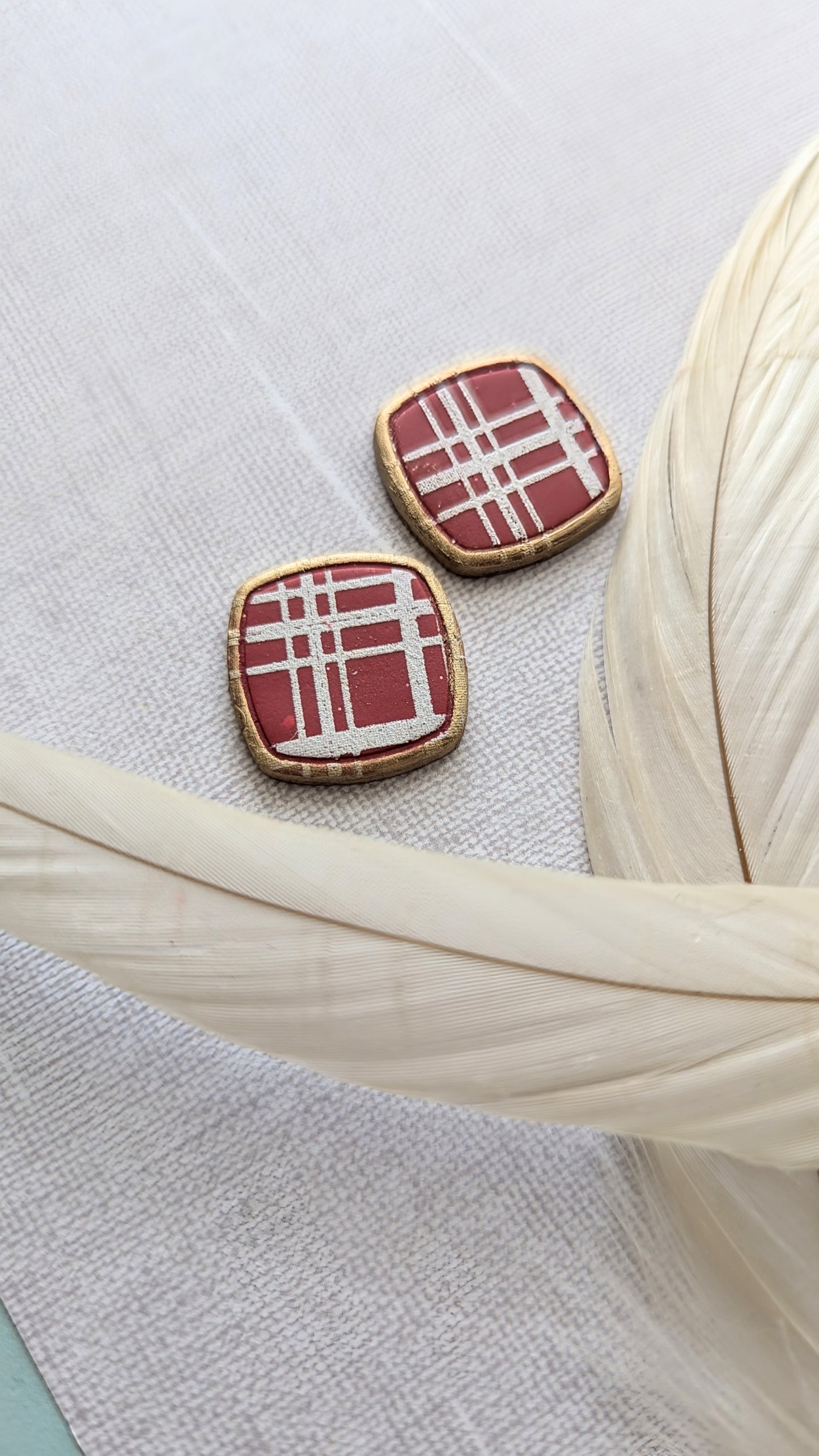 Crimson Plaid Studs with gold outline / OU Sooners/ Boho / Lightweight Polymer earrings / Fall accessories / crimson and white earrings