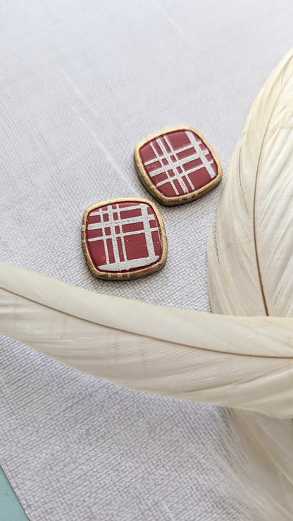 Crimson Plaid Studs with gold outline / OU Sooners/ Boho / Lightweight Polymer earrings / Fall accessories / crimson and white earrings