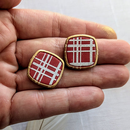 Crimson Plaid Studs with gold outline / OU Sooners/ Boho / Lightweight Polymer earrings / Fall accessories / crimson and white earrings