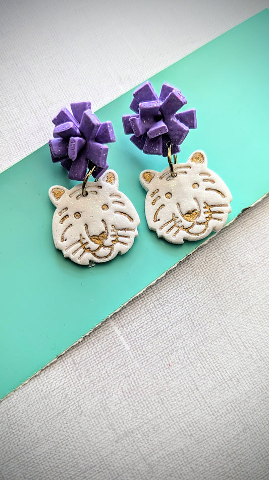 White & Gold Tiger Earrings with Purple Pom