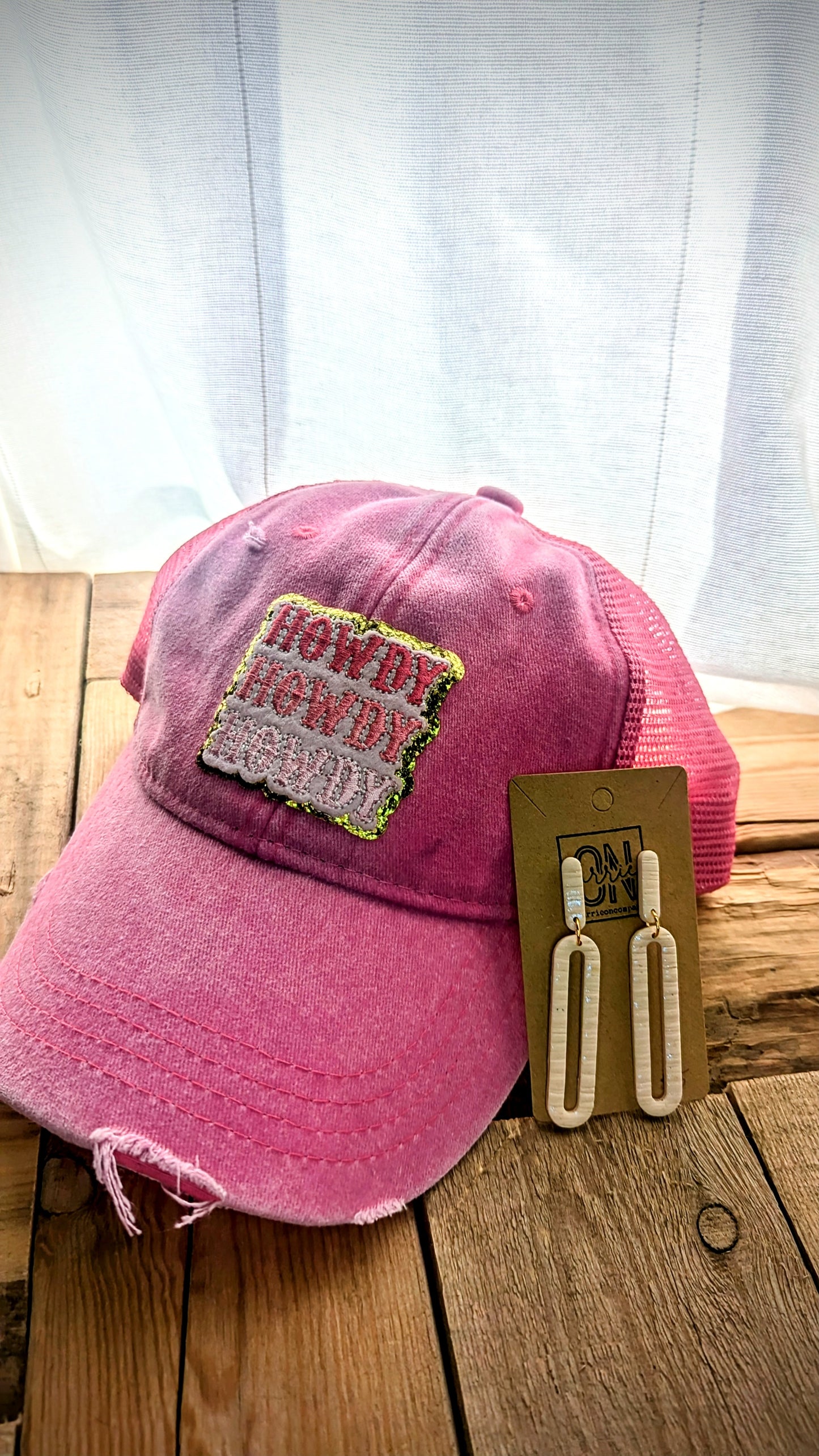 Set: Pink distressed mesh back howdy hat and pink shimmery skinny dangle earrings