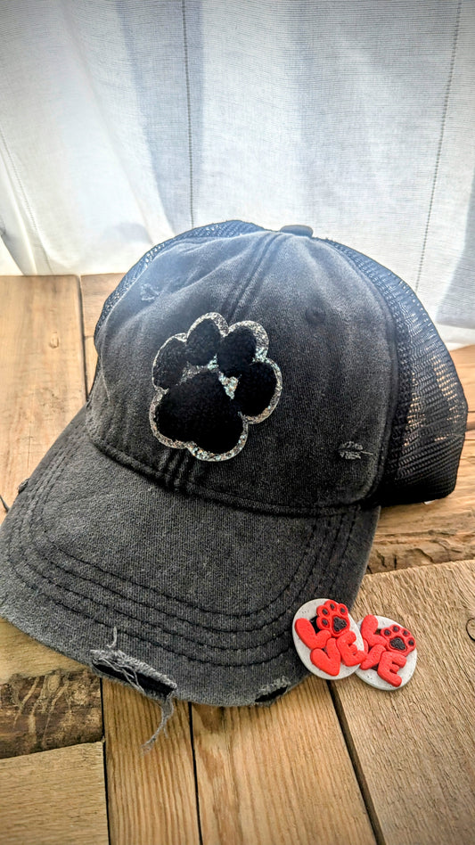 Set: Grey distressed mesh back pawprint hat and love pawprint stud earrings