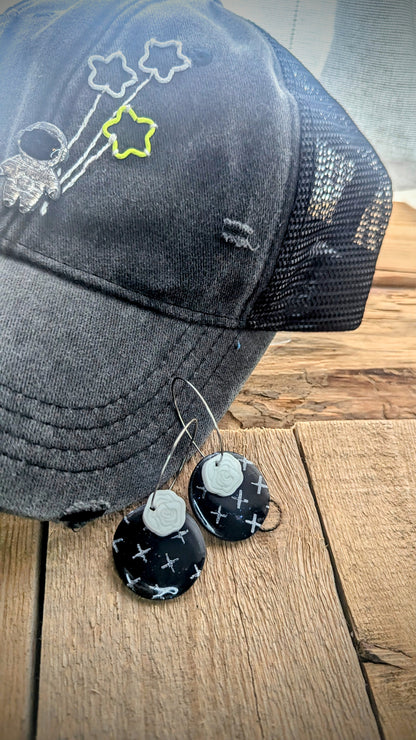 Set: Grey distressed mesh back astronaut hat and black/white hoop earrings