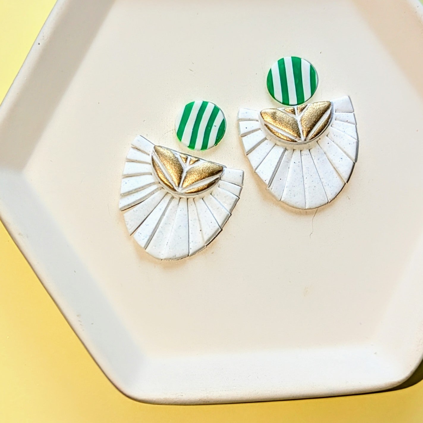 Green and White Stripe Fringed Dangle Earrings