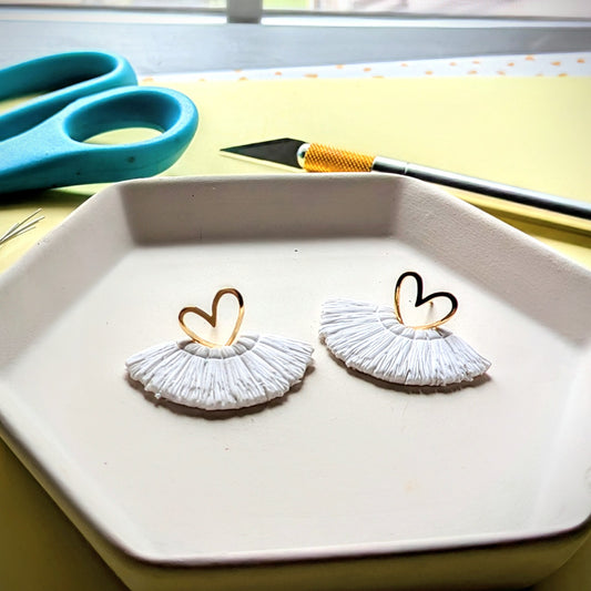 Gold heart and white macrame style fan Earrings