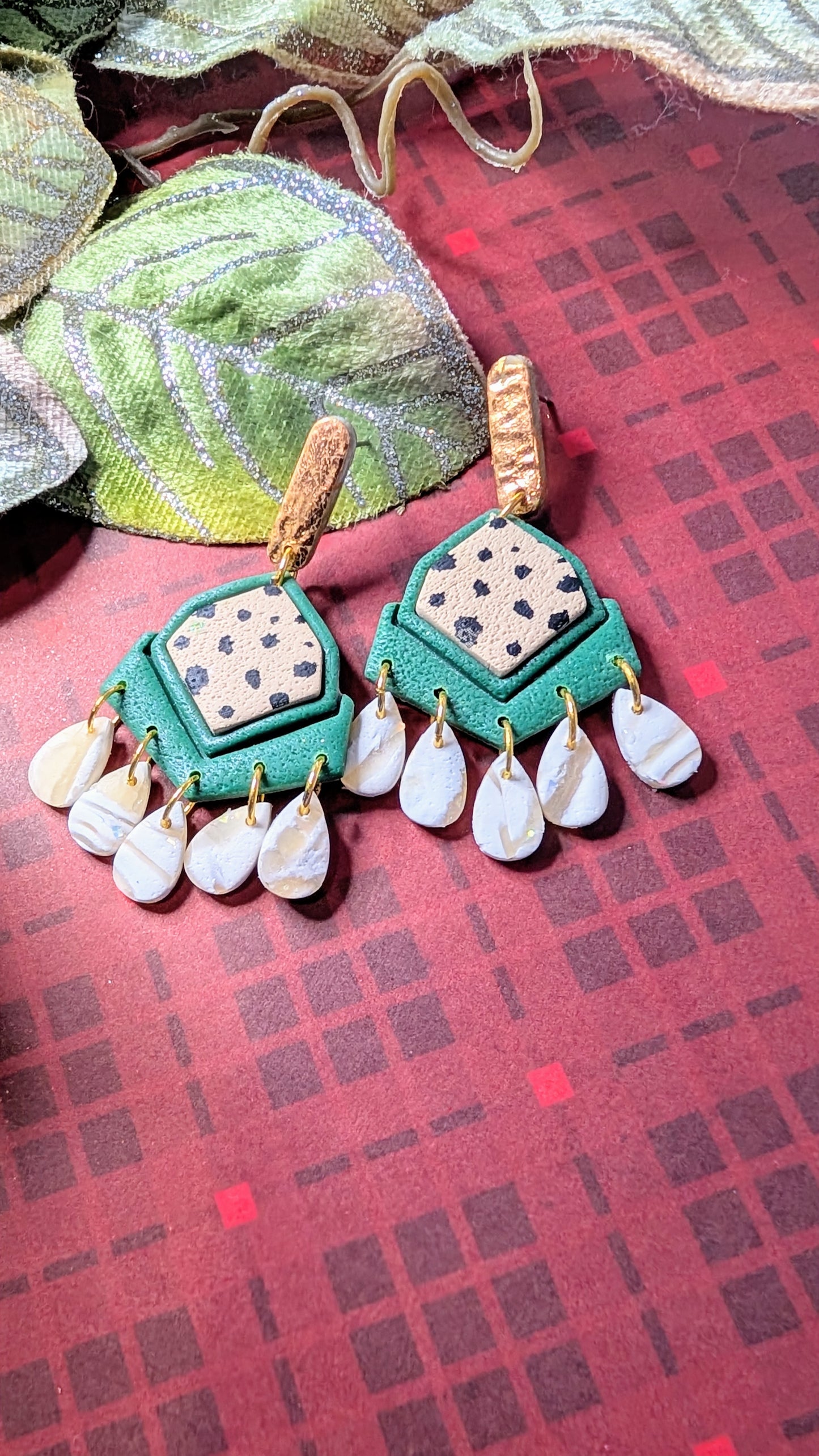 Green and cheetah chandelier earrings