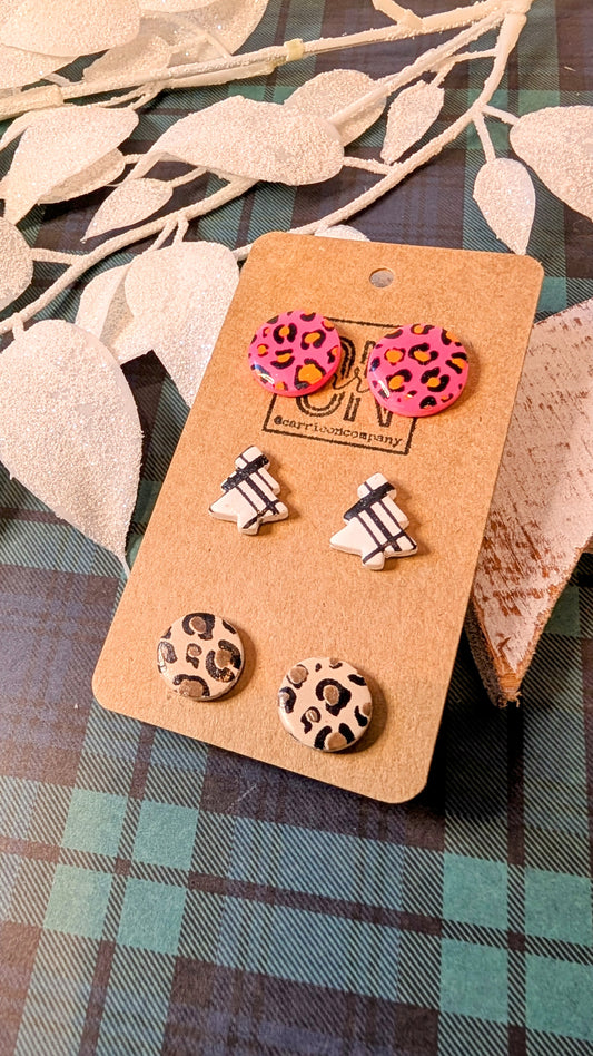 Christmas polymer clay 3-piece stud earrings set