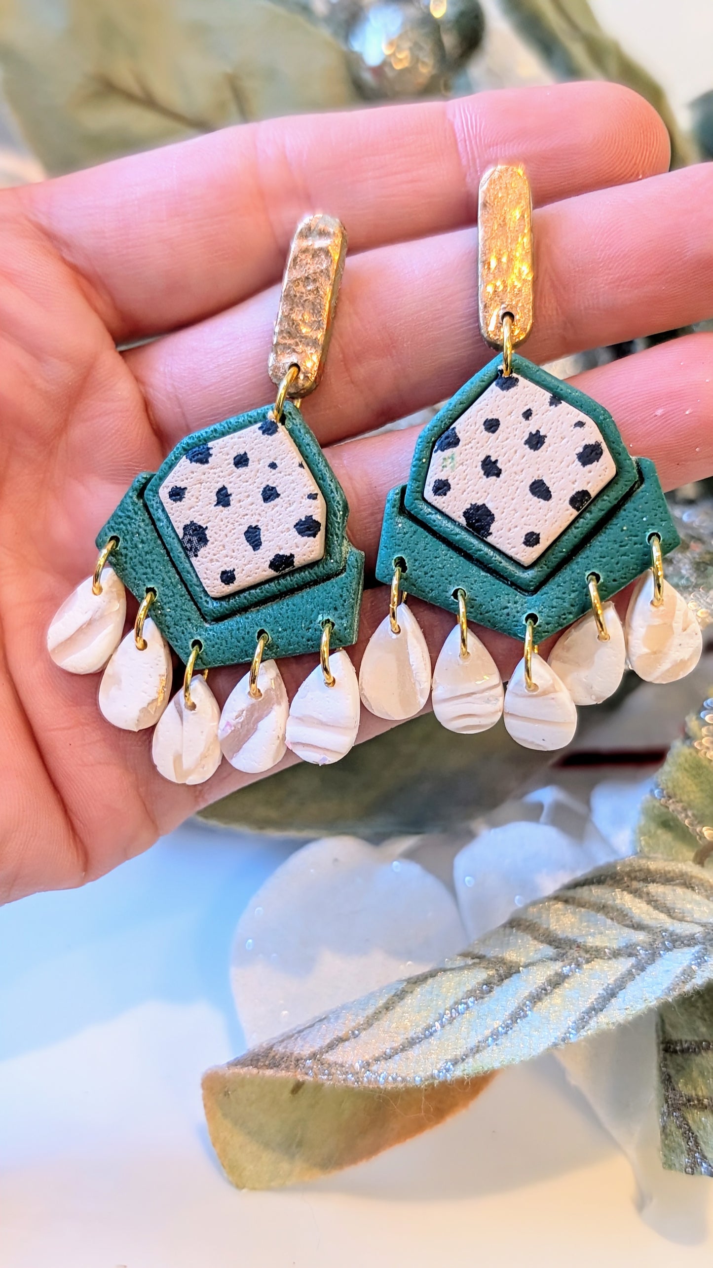 Green and cheetah chandelier earrings