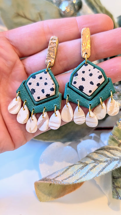 Green and cheetah chandelier earrings