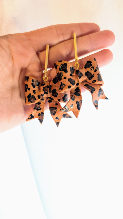 Leopard Bow polymer clay statement dangle earrings