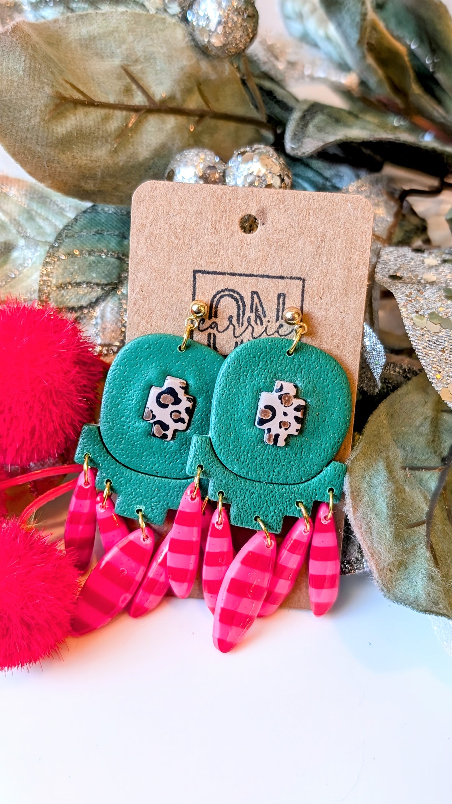 Green and Pink Statement earrings