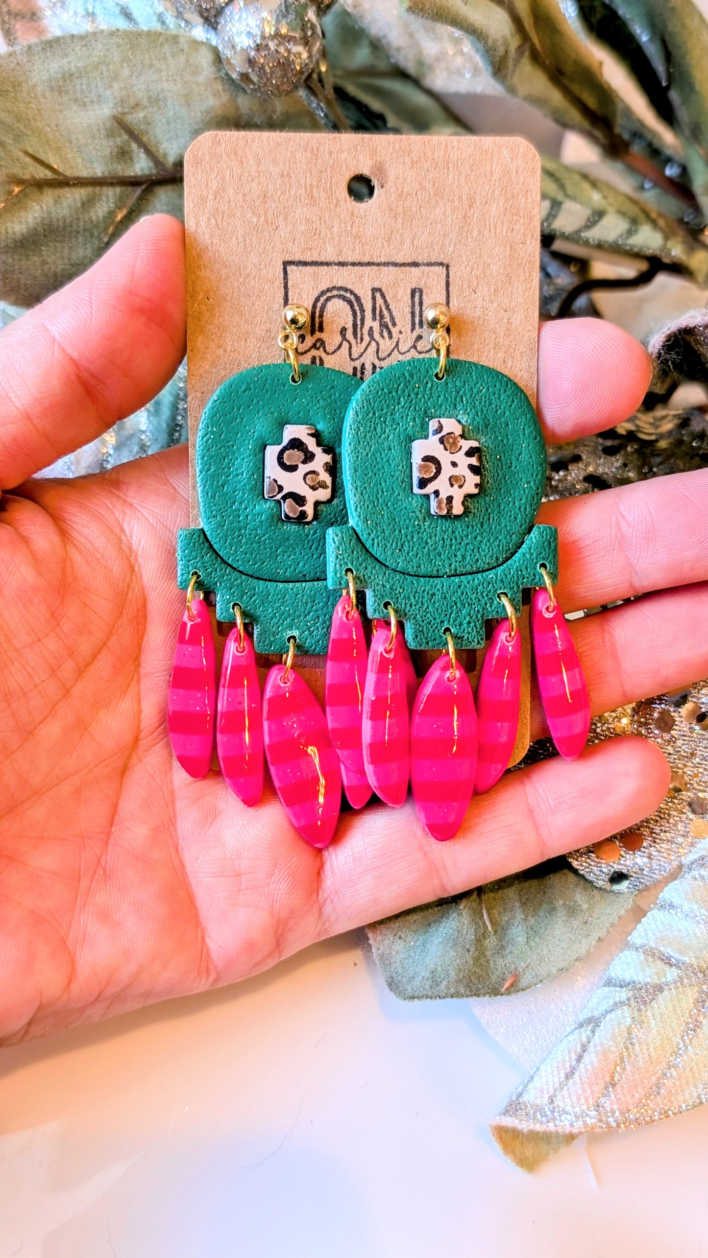 Green and Pink Statement earrings