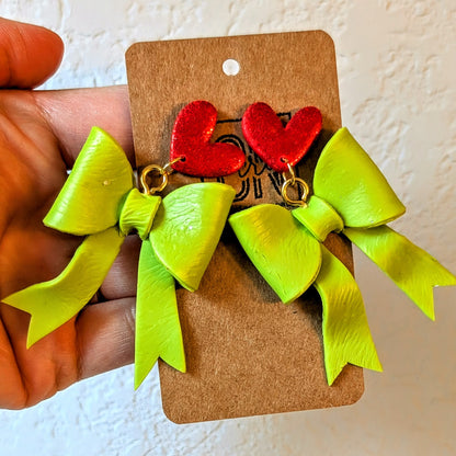 Grinch-y bows polymer clay statement dangle earrings